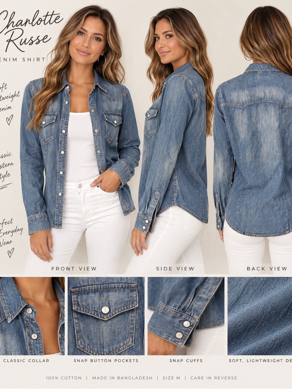 Charlotte Russe Denim Chambray Western Snap Button Shirt M Y2K
